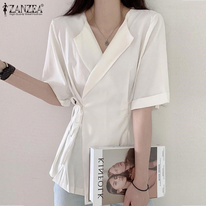 Áo ZANZEA tay ngắn màu trơn buộc dây ôm phong cách thời trang Hàn