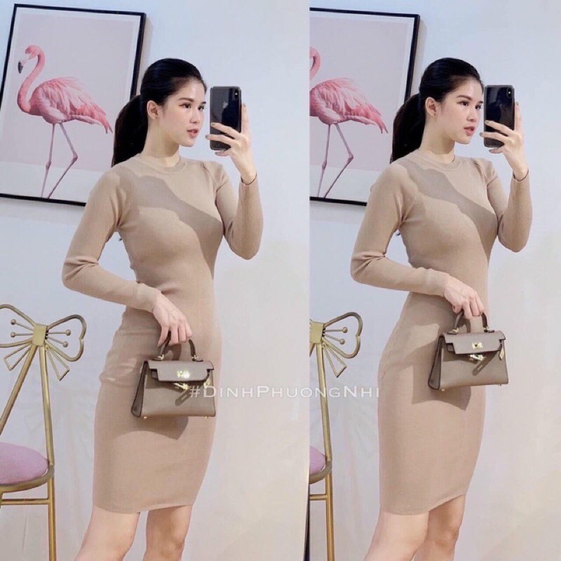 Váy body nữ dài tay cổ tròn chất cotton tăm nhiều màu
