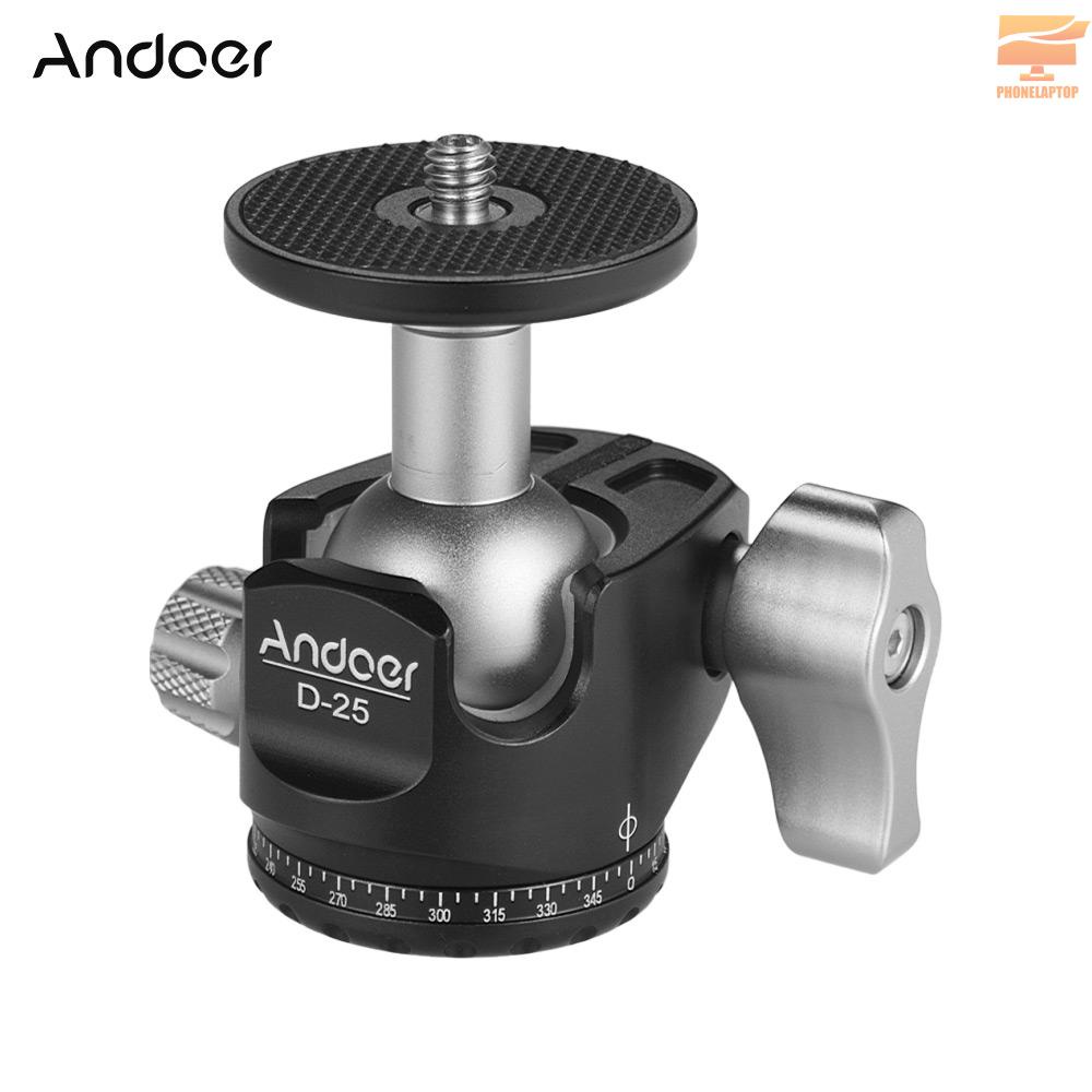 Andoer D-25 CNC Machining Aluminum Alloy Double Notch Ball Head Mini Ballhead Low Center of Gravity for Manfrotto etc Tripod Monopod for Canon Nikon Sony DSLR ILDC Cameras Max Load Capacity 10kg