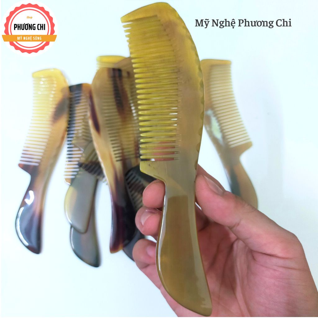 Lược sừng trâu chuôi chéo trơn trắng nưa dài 19cm, lược chải tóc gỡ rối massage đầu | Mỹ nghệ phương chi