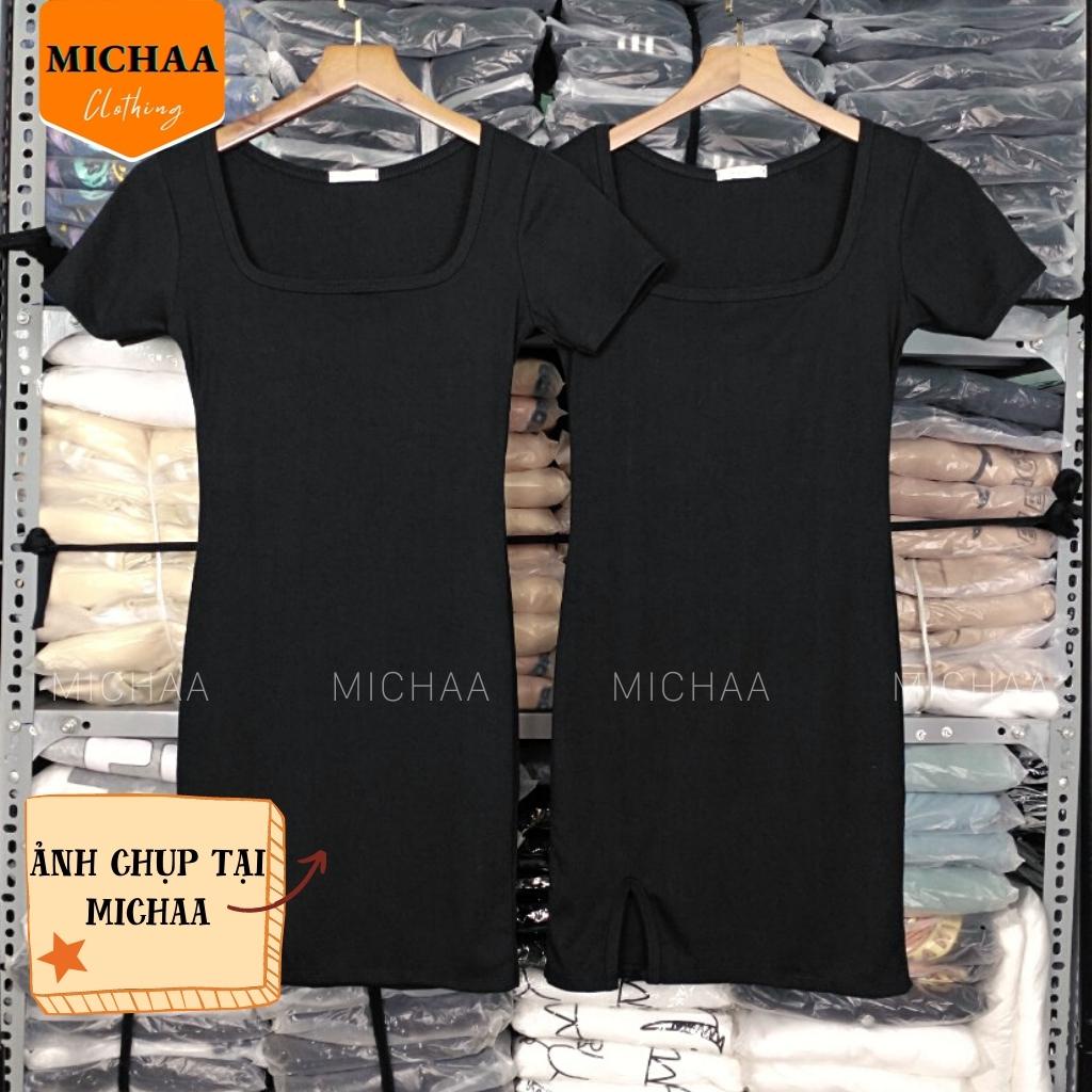 Đầm Váy Body CỔ VUÔNG XẺ ĐÙI Trước Tay Ngắn Thun Borip Kiểu Ôm Sexy Gợi Cảm - MICHAA