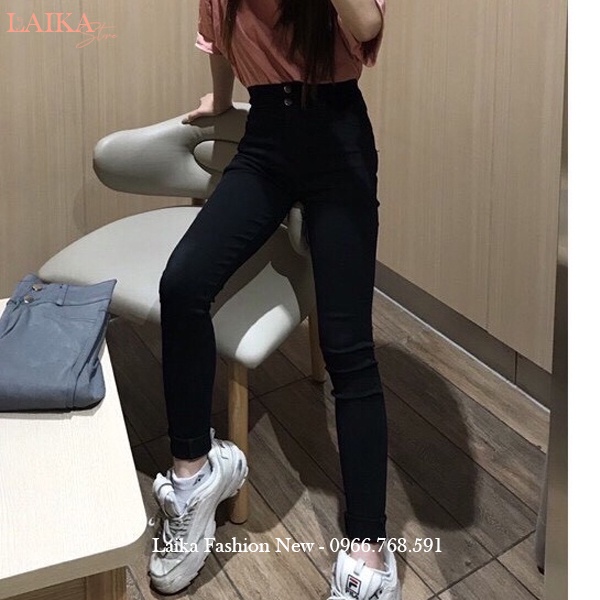 Quần legging nữ cạp cao dài nâng mông 2 nút cài thêu chữ H túi -  Quần legging đen co giãn gen bụng vải Umi dày ôm body