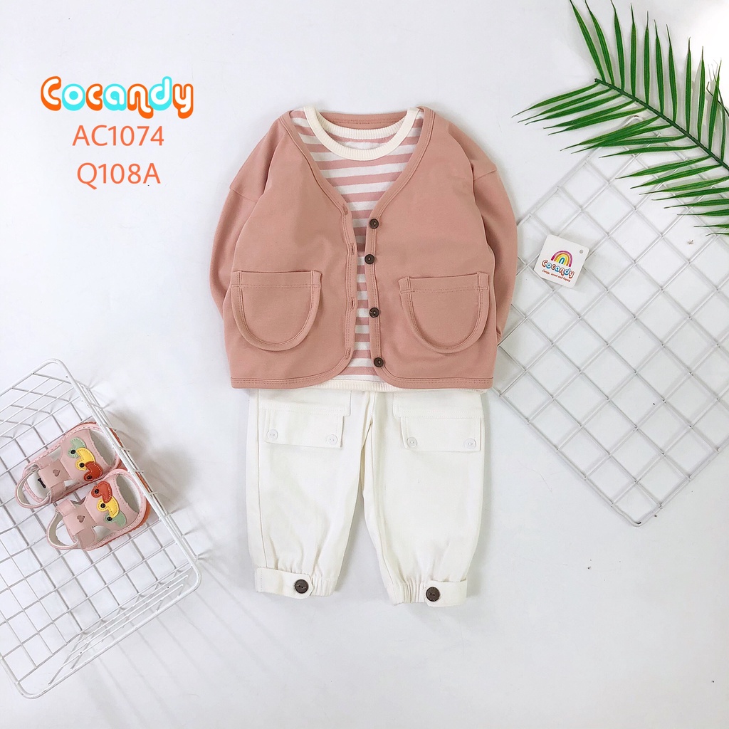 Set đồ cho bé -Set áo cardigan hồng, áo thun kẻ và quần kaki trắng cho bé của COCANDY mã AC107431, AT109131, Q108A