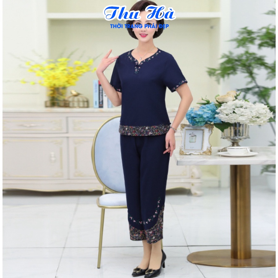 Đồ bộ mặc nhà tay ngắn họa tiết thêu hoa Thu Hà quần áo trung niên cho mẹ form rộng rãi thoải mái ĐBH.18