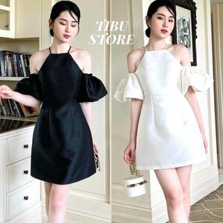 Đầm trễ vai tay phồng rớt vai Tibu, váy yếm nữ hở vai hai màu đen trắng xinh xắn tiểu thư đi chơi, dự tiệc