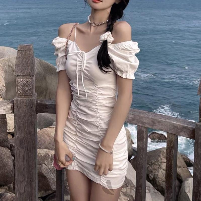 Đầm Tay Phồng Màu Sắc Trơn Phối Dây Rút Thời Trang Mùa Hè Quyến Rũ Cho Nữ