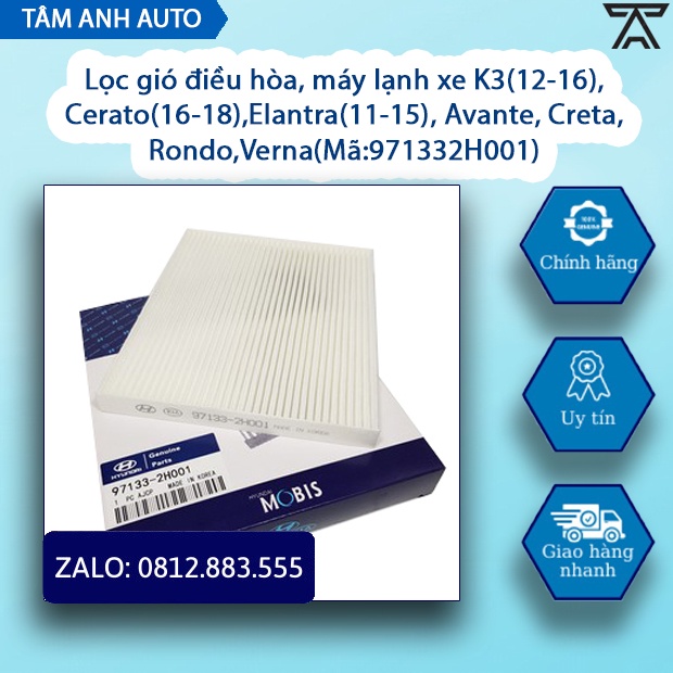 [Sỉ-Lẻ] Lọc gió điều hòa, máy lạnh xe K3(12-16), Cerato(16-18),Elantra(11-15), Avante, Creta, Rondo,Verna(Mã:971332H001)