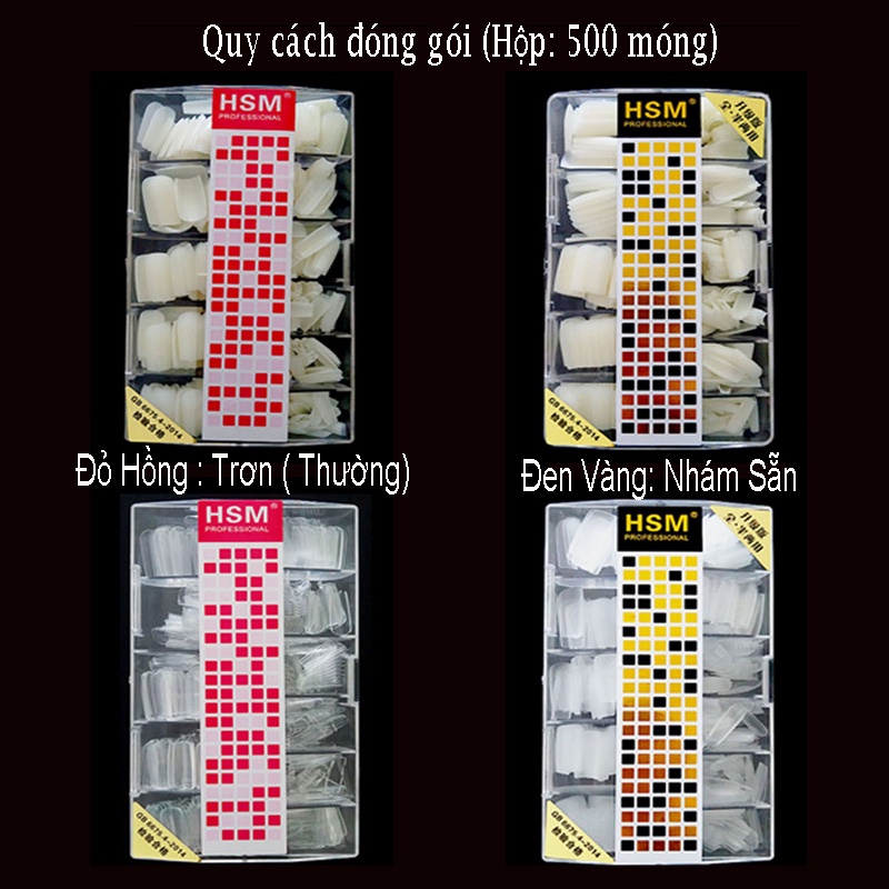 Móng úp tay giả đủ phom vuông thang nhọn bầu HSM chính hãng nhám đục trong chuẩn size Hàn Quốc nail 500 móng