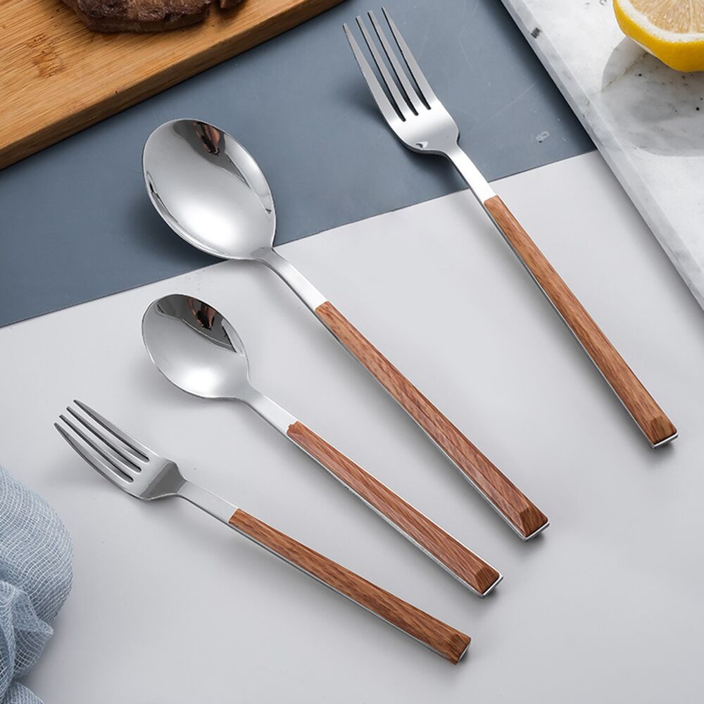 Thìa/ Nĩa thép không gỉ cán gỗ phong cách Bắc Âu
