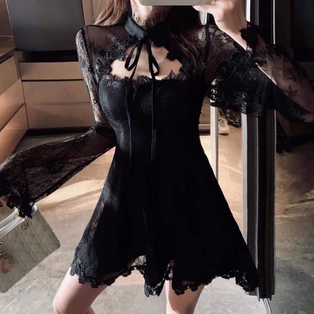 Váy ren xoè cổ tàu nơ dài tay cut out [Ảnh thật 4-9]
