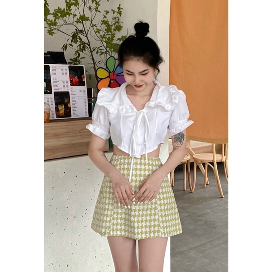 Áo voan croptop cài nút buộc dây nơ vạt nhọn ngắn tay bèo màu trơn - Mã: 756 TV-Fashion