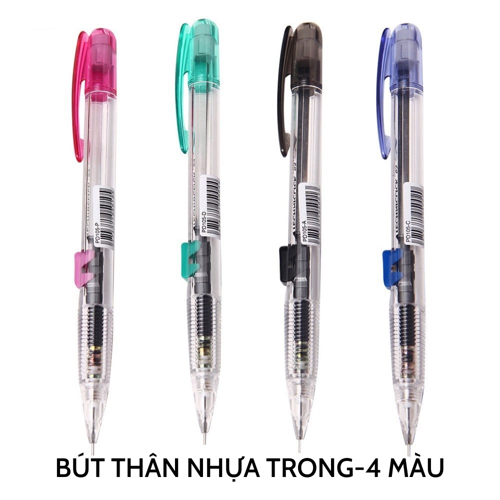 Bút chì kim Pentel, viết chì bấm giữa thân nhựa trong TECHNICLICK PD105T/ PD107T nét 0.5/ 0.7mm