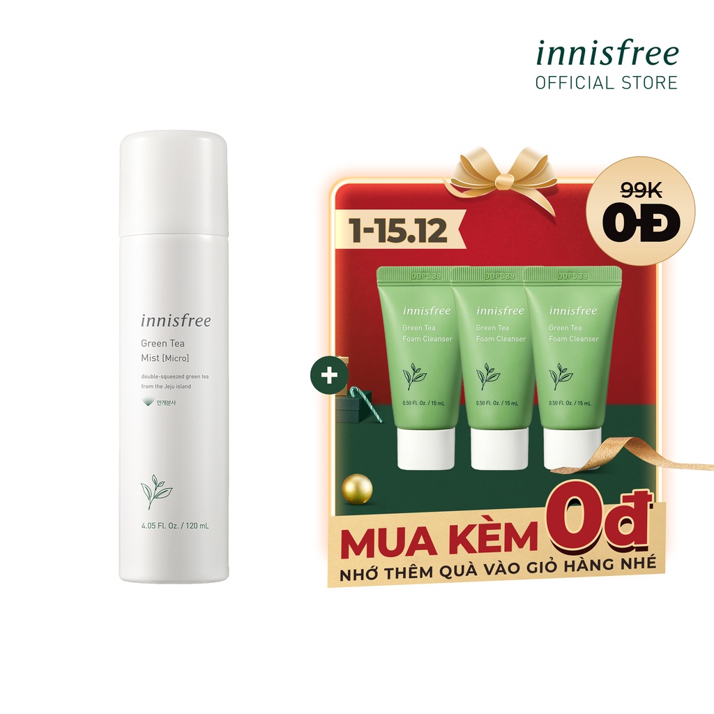 [Mã COSIF12 giảm 10% đơn 400K] Xịt khoáng dưỡng ẩm phun sương mịn innisfree Green Tea Mist (Micro) 120ml