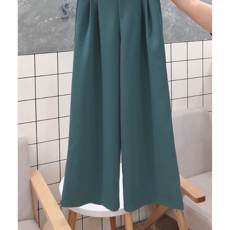 Quần Ống Rộng Màu Xanh siêu độc lạ xếp ly eo dấu cúc from dài 100cm cho nữ