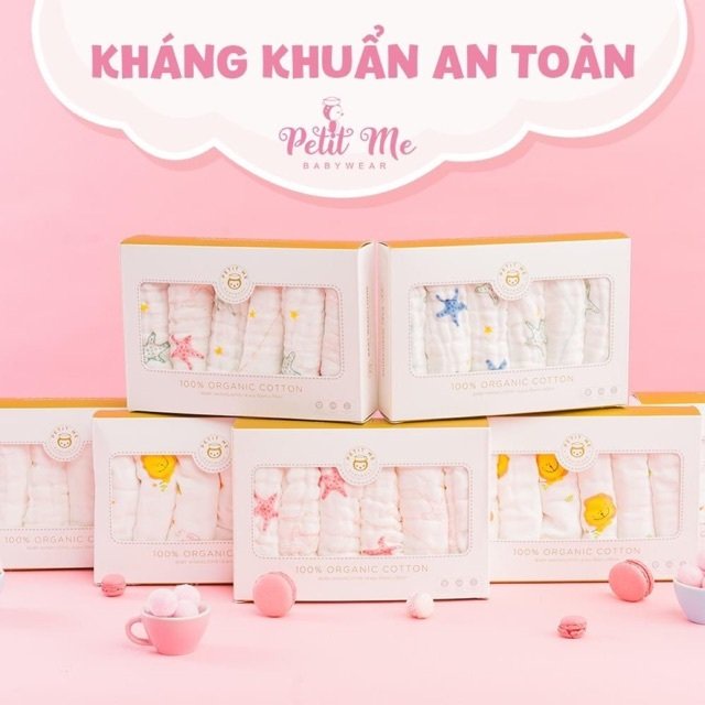 Set 6 khăn sữa cao cấp Petit Me, chất liệu xô muslin 6 lớp dày dặn, mềm mại cho bé
