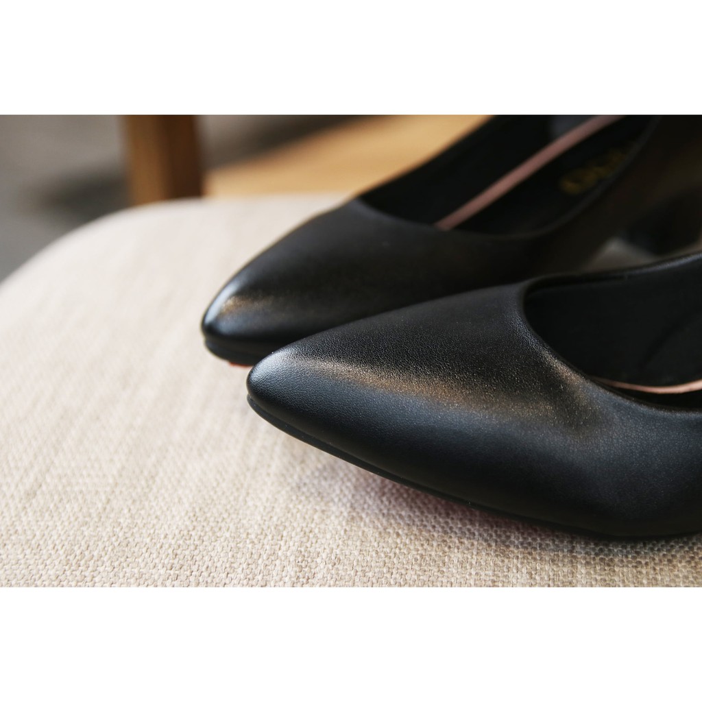 Giày nữ VNXK chính hãng màu đen gót trơn 3 phân chất da PU cao cấp