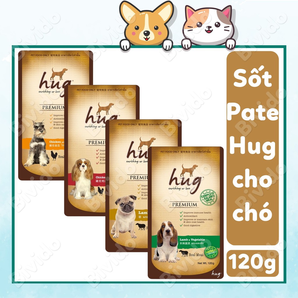 Pate Hug cho chó có thịt cừu, gà tươi dinh dưỡng túi 120g - Bivido