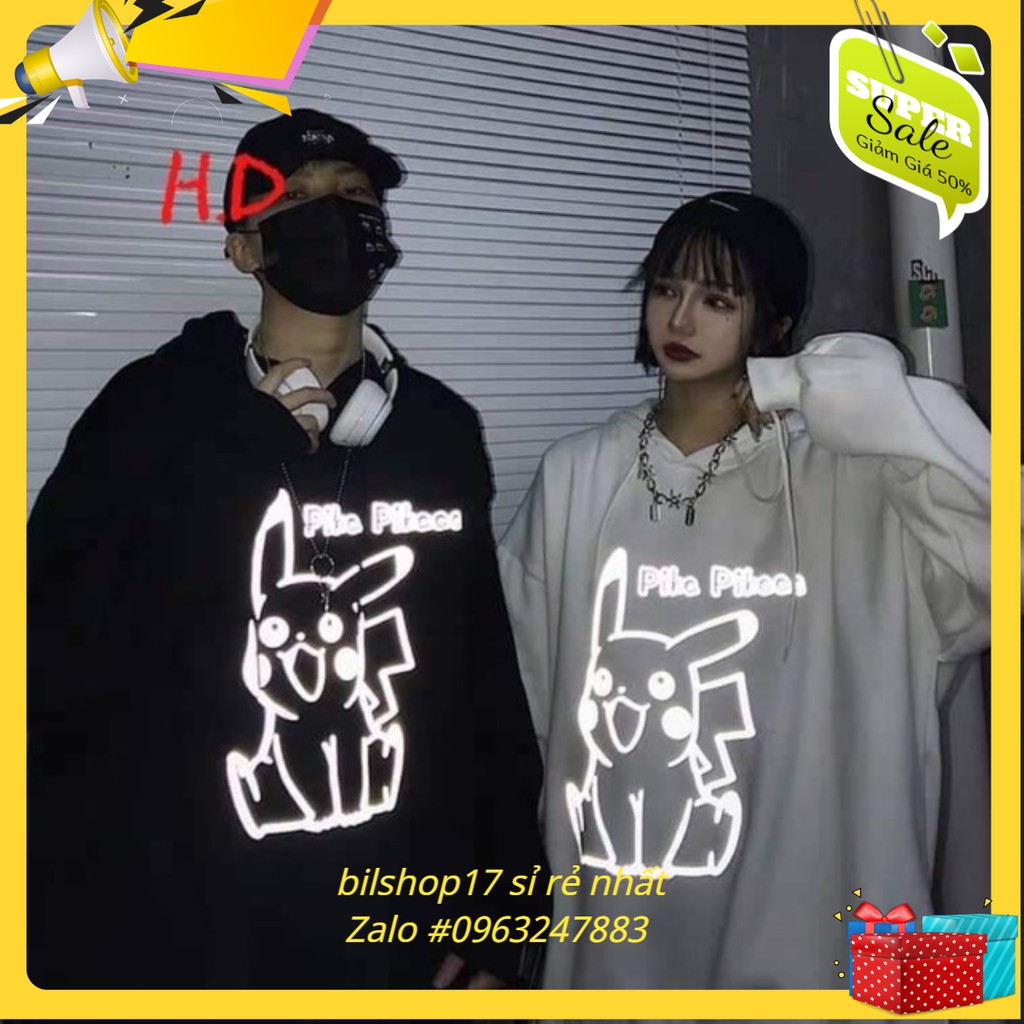 Áo khoác hoodie Nam Nữ phản quang Pikachiu,Áo nỉ mũ 2 màu đen,trắng