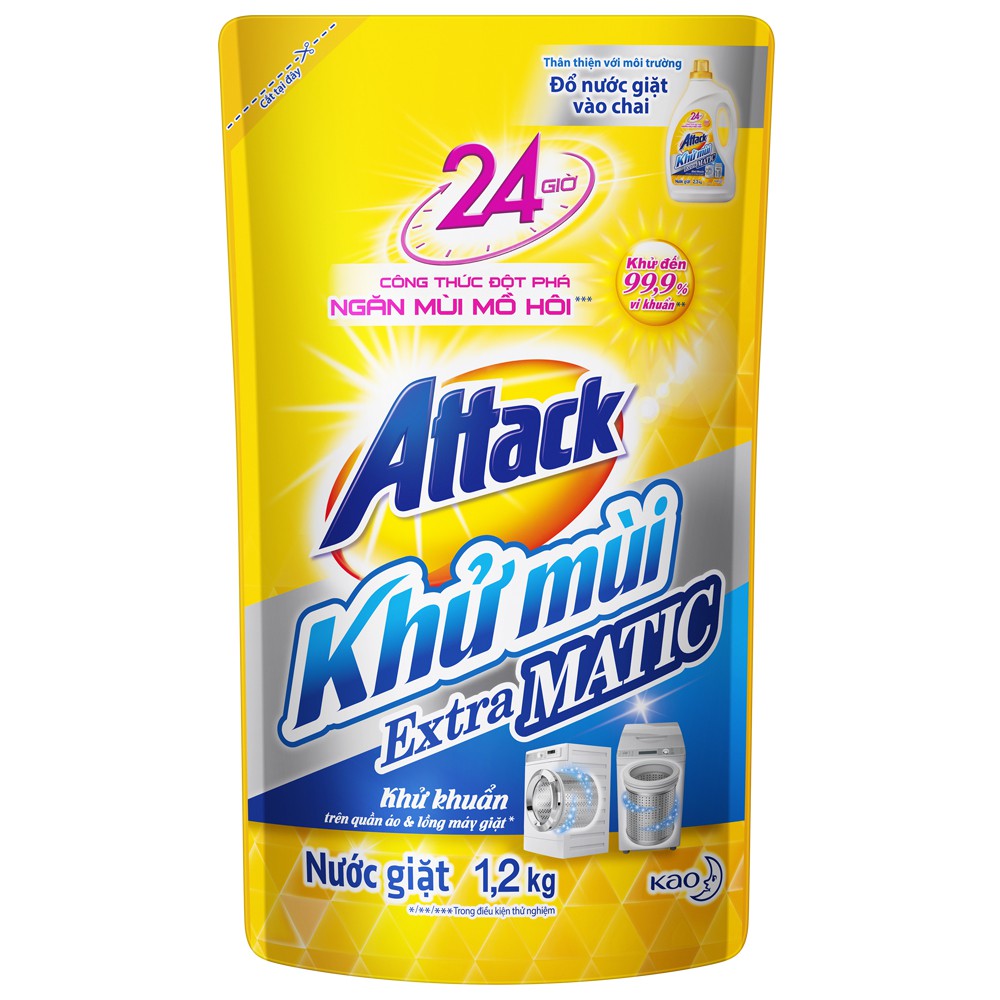 Nước giặt Attack Khử Mùi Extra Matic Túi 1.2kg, màu vàng