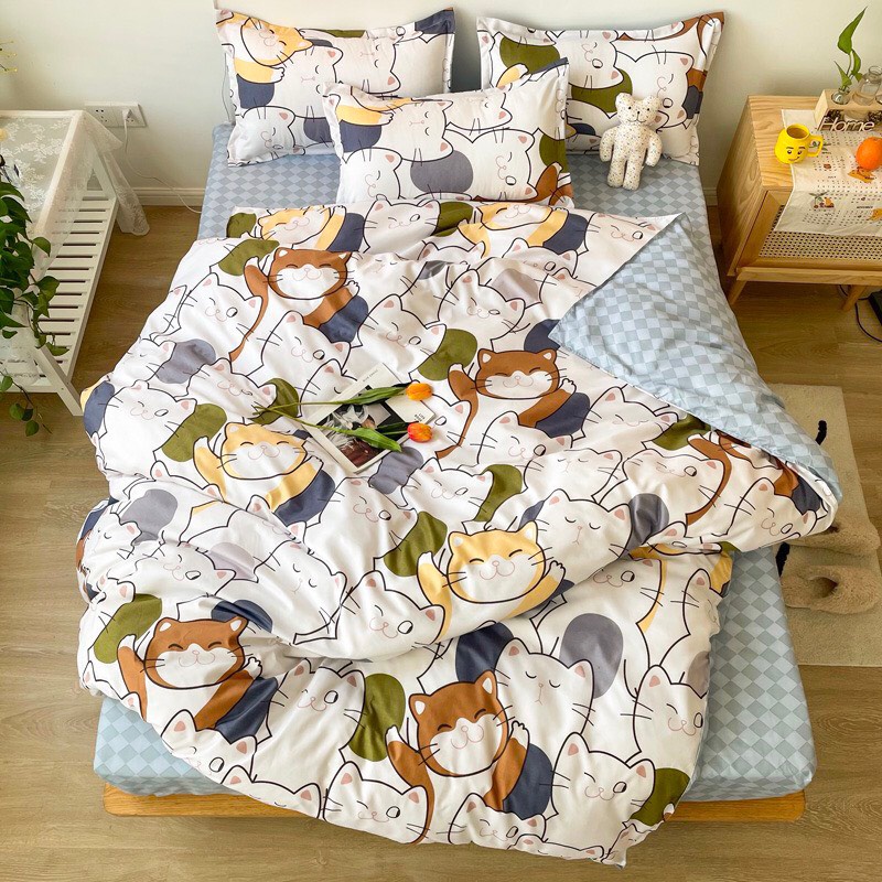 Bộ chăn ga gối Cotton poly M2T bedding vỏ chăn mền, drap ga giường và 2 vỏ gối nằm họa tiết mèo nhí nhố | BigBuy360 - bigbuy360.vn