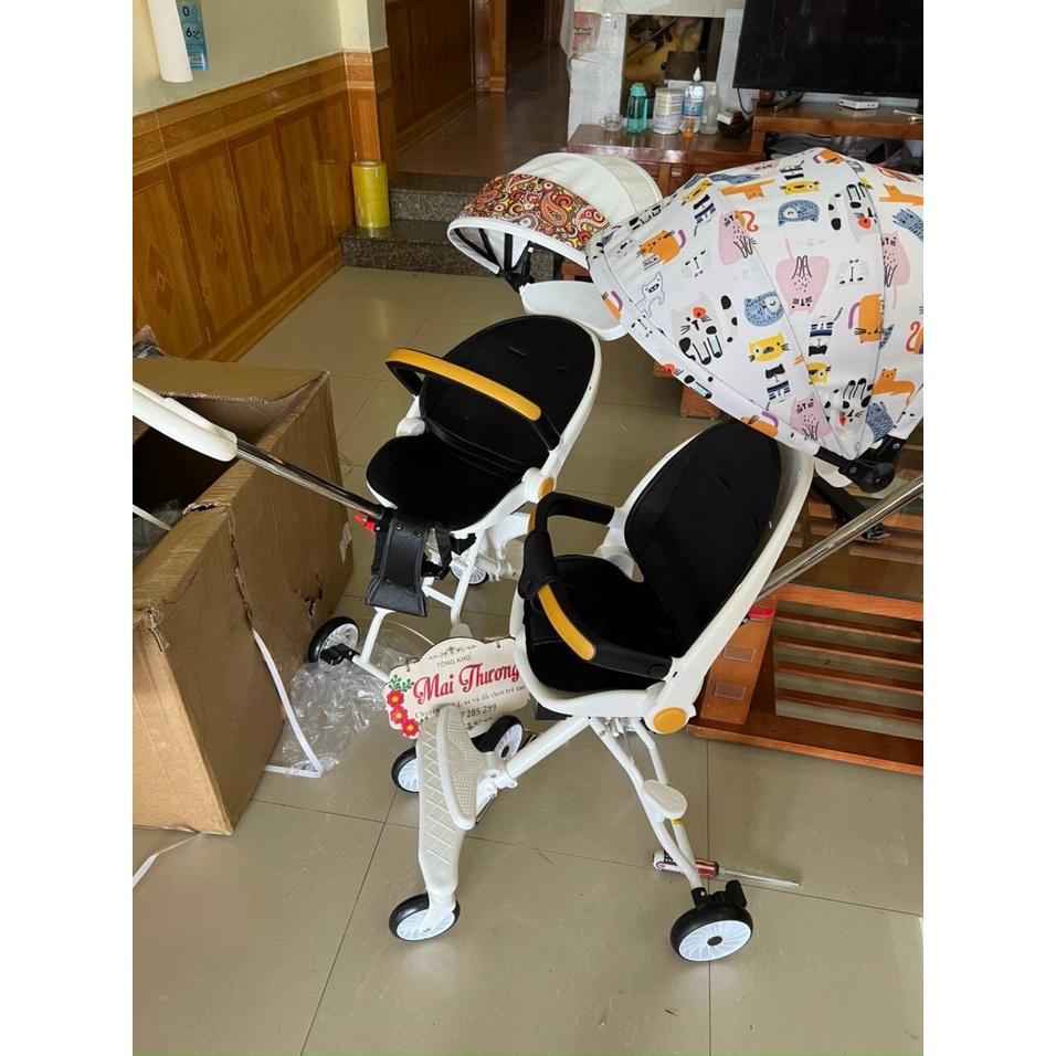 Xe đẩy gấp gọn , xe đẩy 2 chiều 3 tư thế nằm, ngả, ngồi có đệm + mái full phụ kiện M8