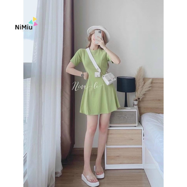 Đầm Nữ Thời Trang Mặc Đi Chơi, Đầm Nữ Thun Gân Tay Ngắn Cổ Tròn 2 Màu Cực Dễ Th