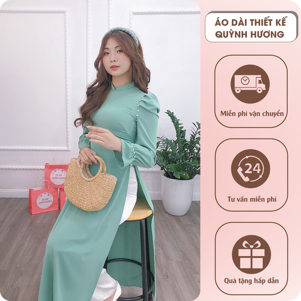 Áo dài truyền thống lụa mỹ xanh mint tay chun đính hạt trai siêu xinh by Quỳnh Hương