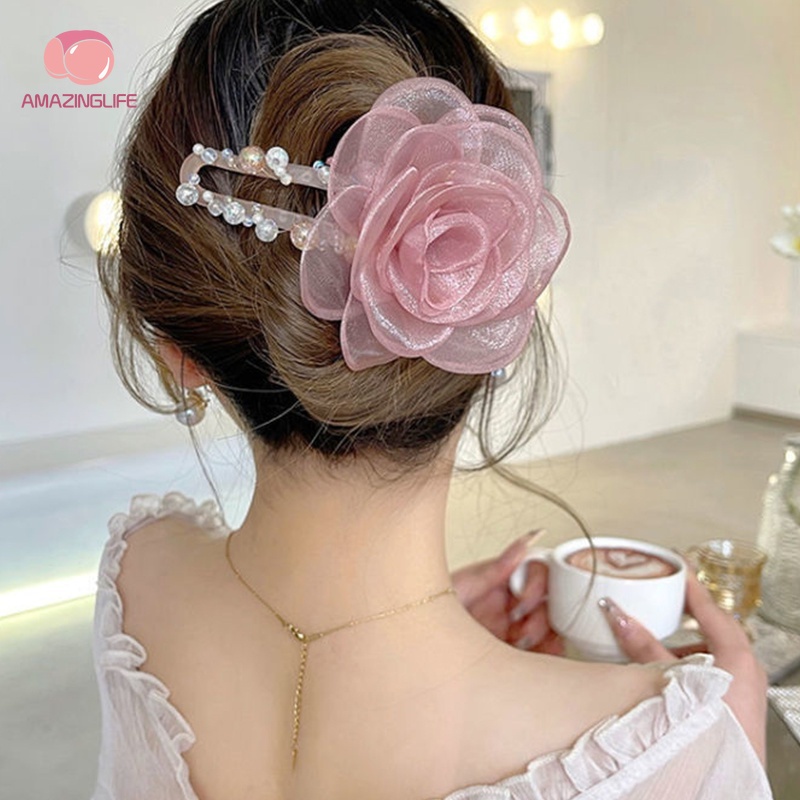 Kẹp Tóc Mỏ Vịt Đính Hạt Pha Lê Hình Hoa Hồng Cá Mập Cỡ Lớn Thanh Lịch Cá Tính