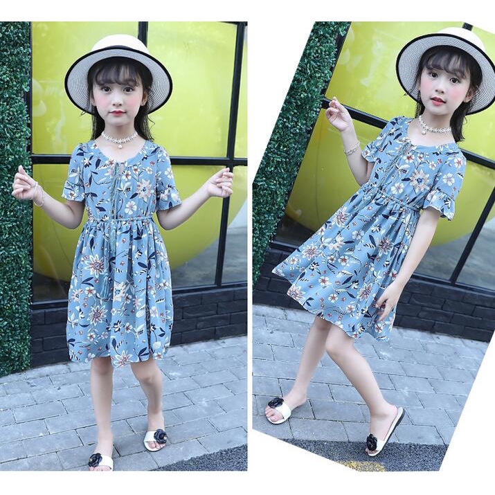 ✨CindyMom✨ Quần áo cho mẹ và con gái - Váy in hoa màu xanh nước hồ - Đầm voan cổ chữ V mỏng - Đầm cho bé gái