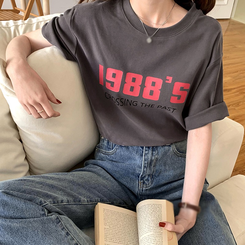 Áo thun ngắn tay cổ tròn form rộng in chữ thời trang Hàn Quốc cho nữ