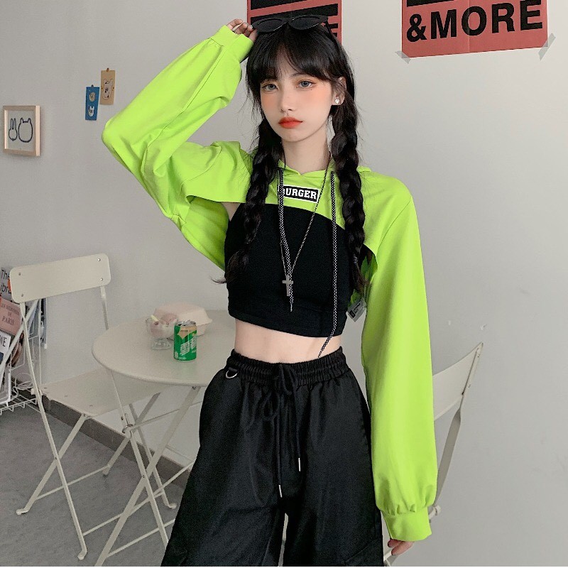 SET 2 MÓN Áo CROPTOP HOODIE BURGER Dài Tay Xanh Đen Xám mix Áo Body Đen Hot