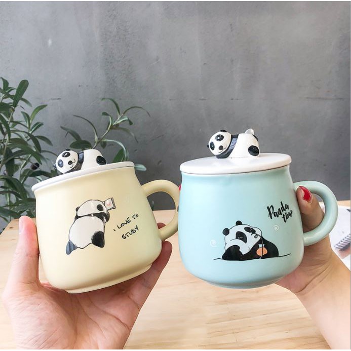 Cốc Sứ Panda Cực Cute 400ml Có Nắp Đậy Kèm Muỗng Cao Cấp