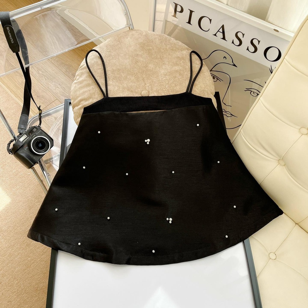 [Ảnh thật] Áo 2 dây cut out đính hạt chất tapta siêu xịn