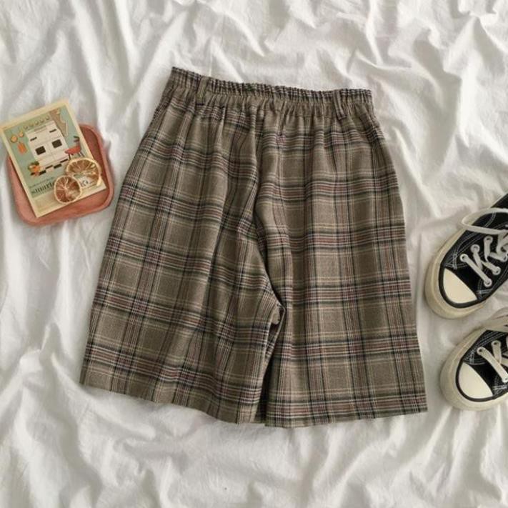 Quần Short Nữ Ống Rộng Kẻ Sọc Caro Lưng Cao Retro Hàn Quốc Quần Sooc Đùi Nữ Retro Hông Kong Vintage Ống Rộng
