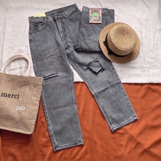 Baggy jeans rách gối xám xịn xò