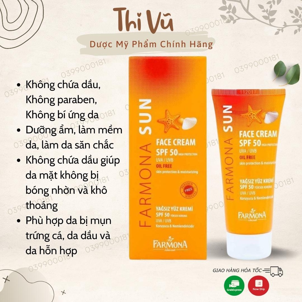 Kem chống nắng Farmona Sun Face Cream Oil Free Spf50 cho da dầu mụn giảm bóng nhờn - Thi Vũ