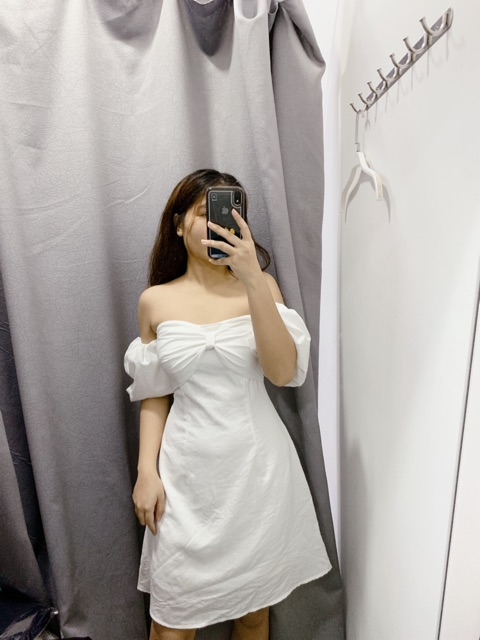 Đầm trắng cúp ngực hình nơ trễ vai tay phồng - Miky Dress T153(Có Ảnh Thật ,Video Thật)