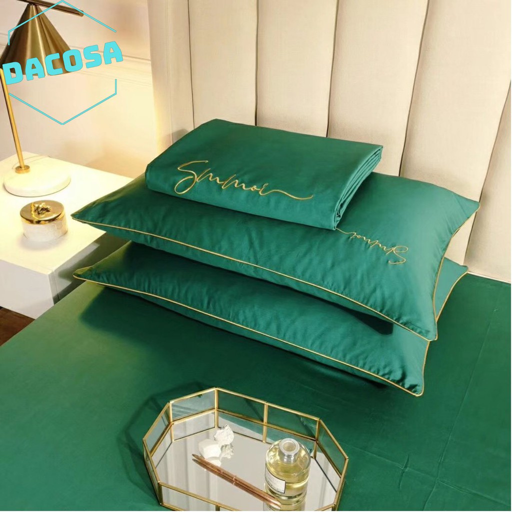 [Giá Sỉ] Bộ Chăn Ga Gối LỤA SUMOI 60S Màu Xanh Rêu Đậm Cao Cấp Khách Sạn