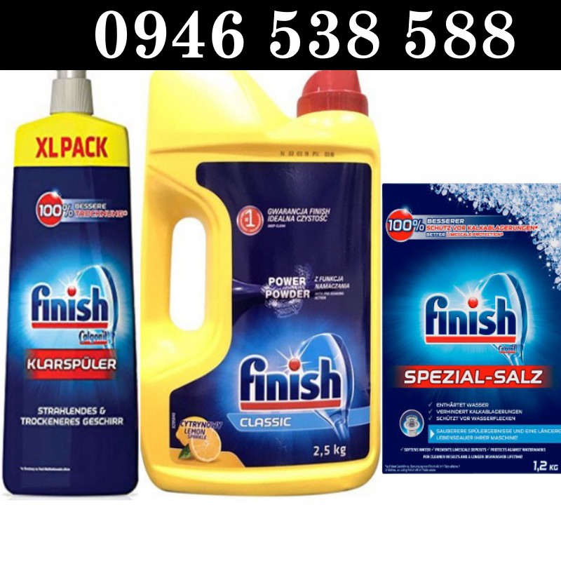 Combo Bột rửa bát Finish 2.5kg + Muối Finish 1.2kg + Nước làm bóng bát Finish 750ml dùng cho máy rửa bát chén ly
