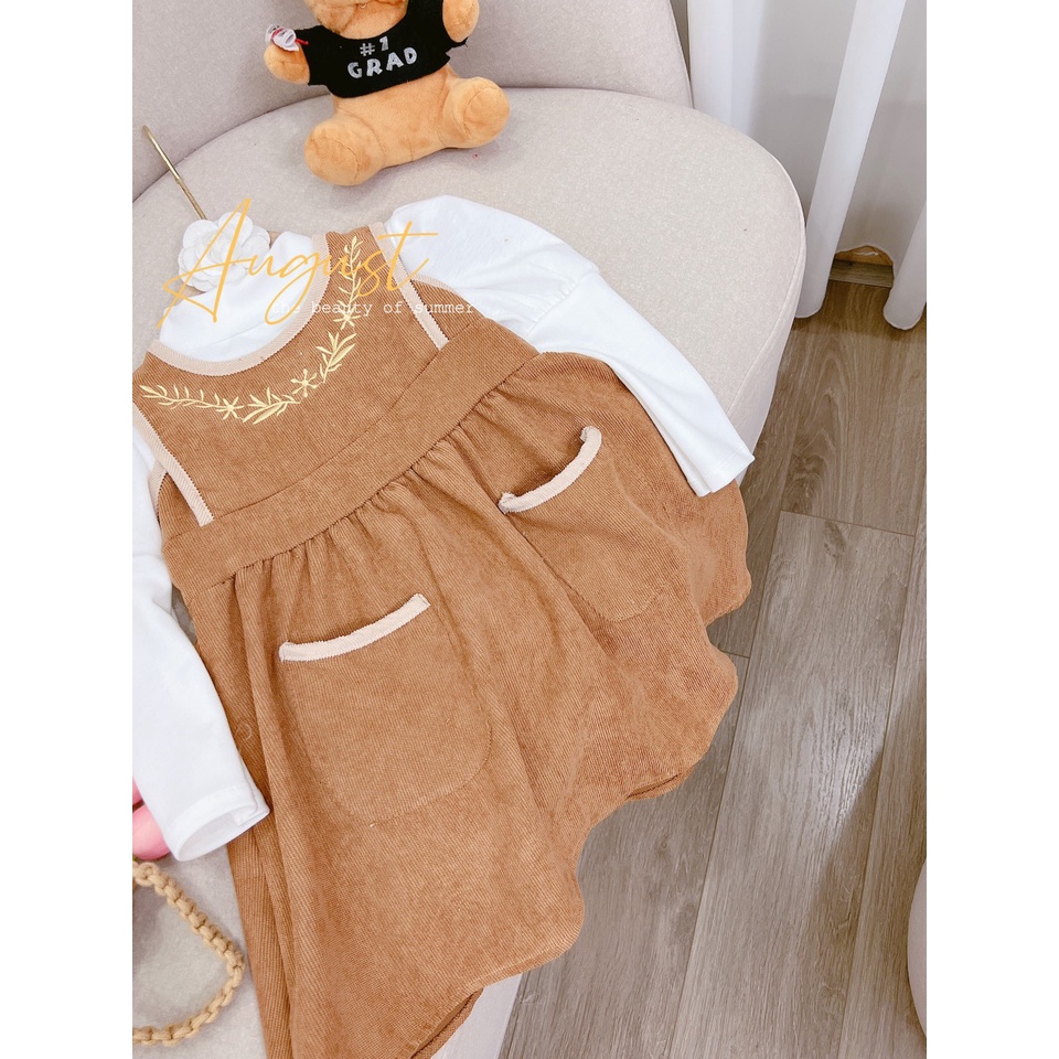 Sét yếm nhung cho bé gái, set váy yếm nhung thêu tỉ mi kèm áo zip tay bồng cho bé