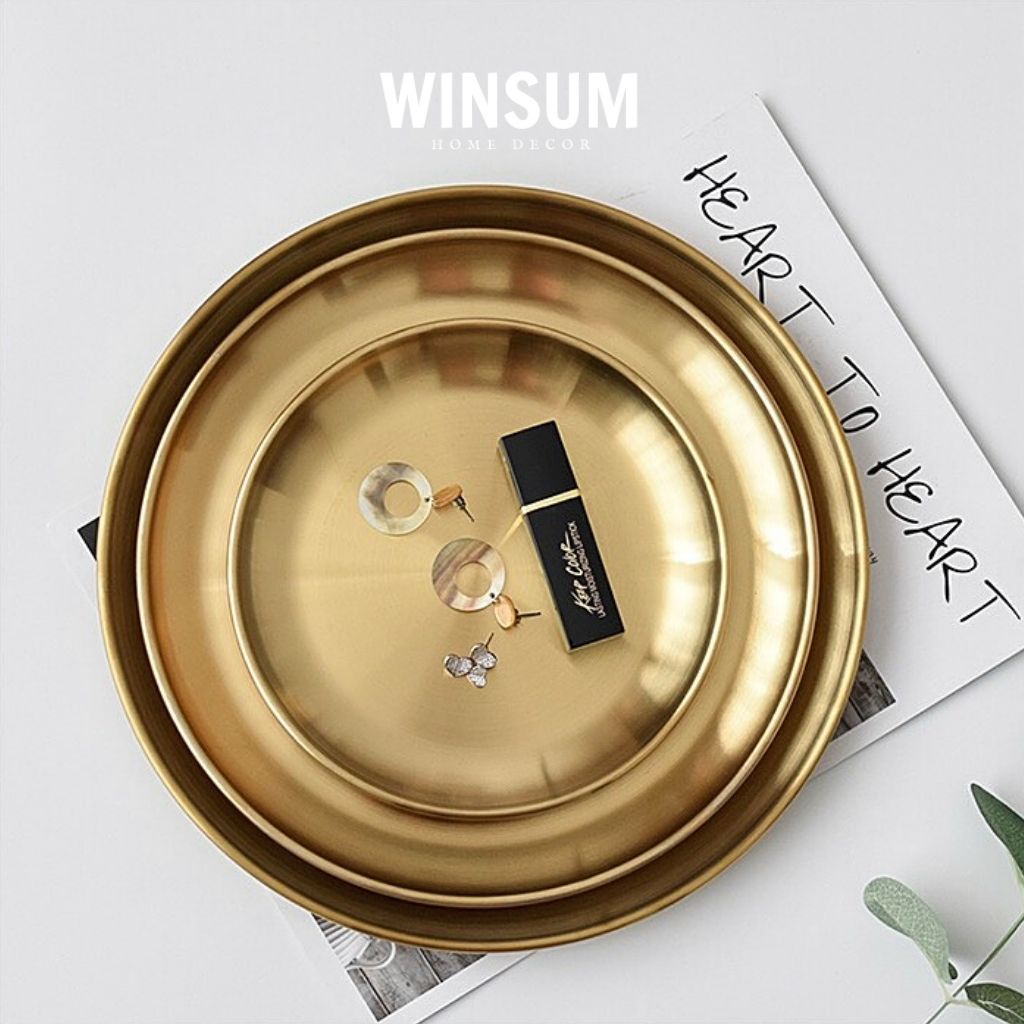 Đĩa kim loại màu vàng đồng đựng trang sức mỹ phẩm, khay inox chống gỉ - Winsum.decor
