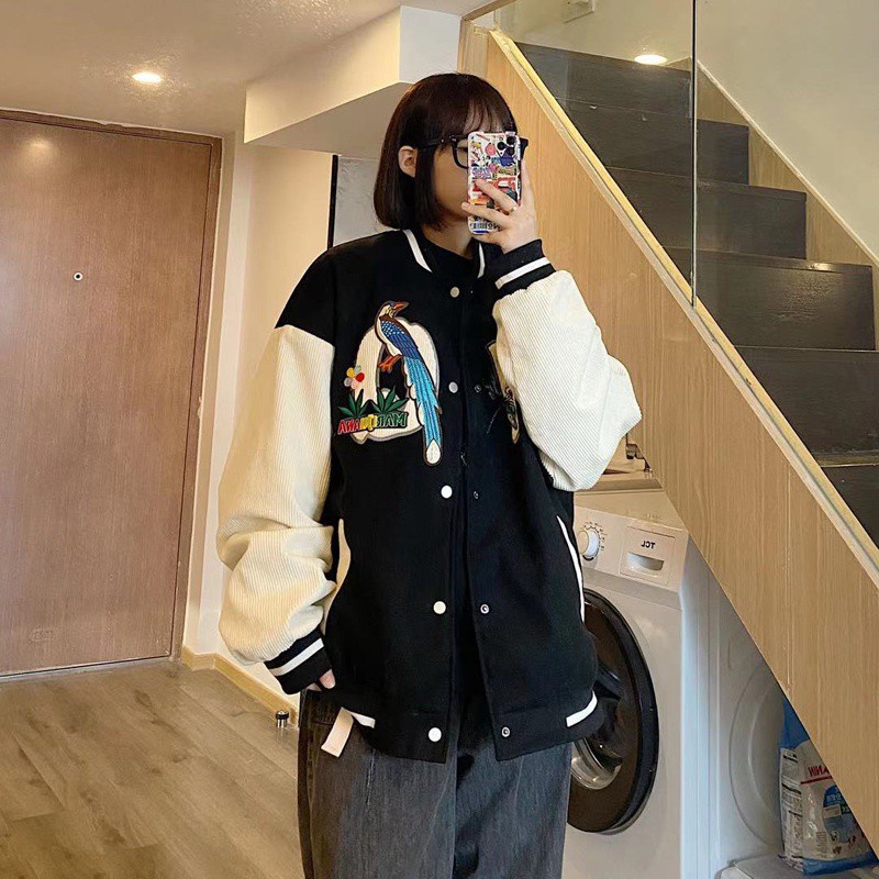 Áo Khoác Bóng Chày Vải Nhung Dáng Rộng Thêu Họa Tiết Kiểu Hàn Quốc Cá Tính Cho Nam
