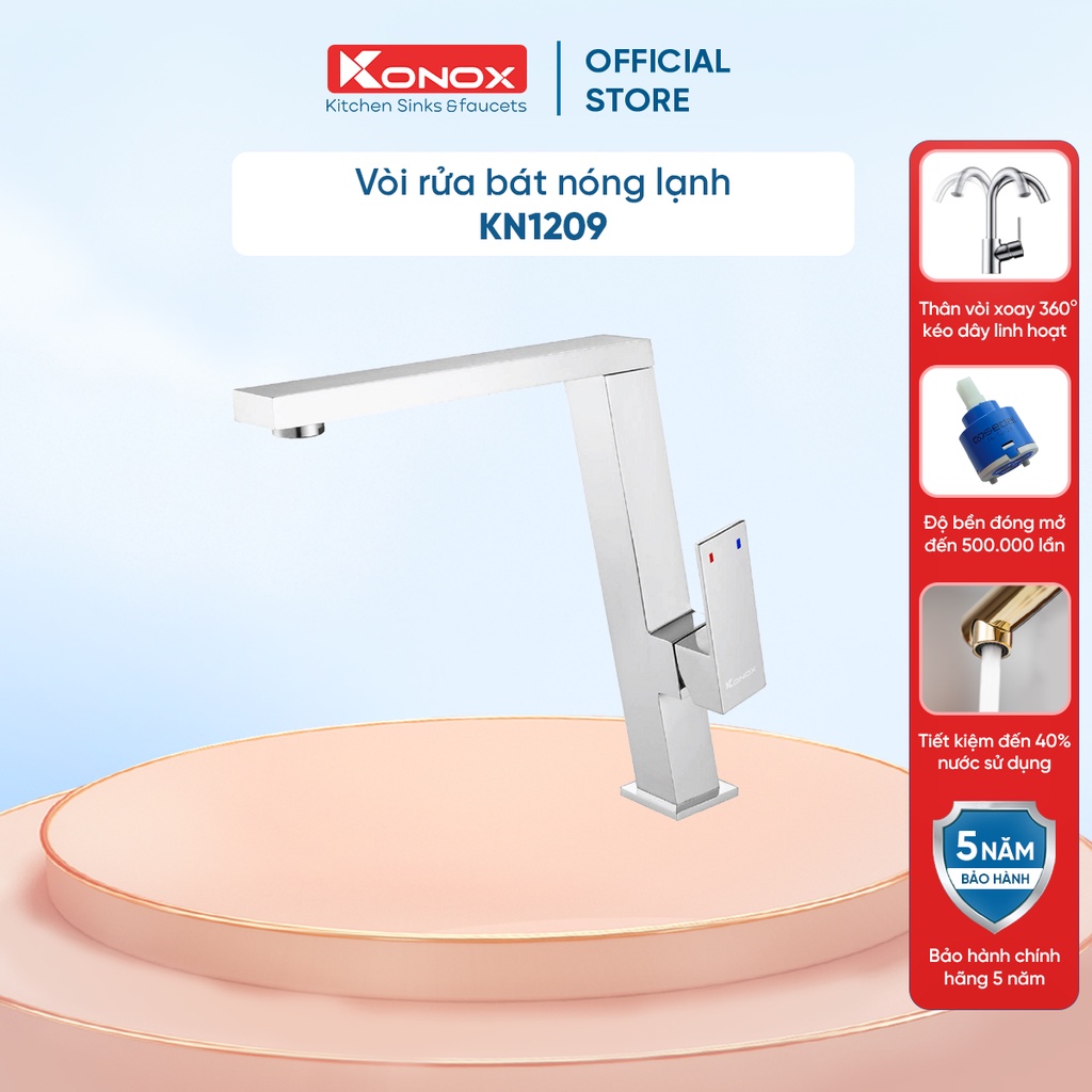 Vòi rửa bát xoay 360 độ KONOX KN1209 hợp kim đồng 61% tiêu chuẩn Châu Âu CW617N, bề mặt xử lý công nghệ PVD Chrome 5 lớp