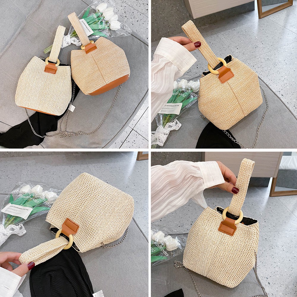 Túi Cói Xô Phối Quai Đeo Cổ Tay Đi Biển Phong Cách Hàn