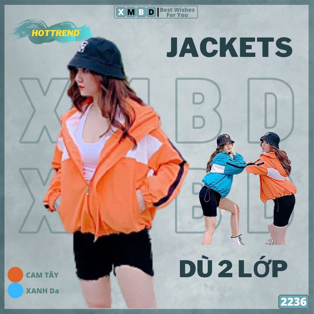 Áo Khoác Dù Nữ 2 Lớp Chất Siêu Đẹp Jackets Gió Trơn Phối Trắng Sau XANH CAM - AK2236
