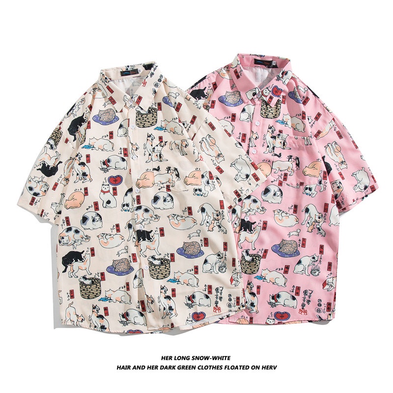 Áo Sơ Mi Tay Ngắn In Họa Tiết Hoạt Hình Mèo Và Chó Phong Cách Hàn Quốc Thời Trang Cho Nam
