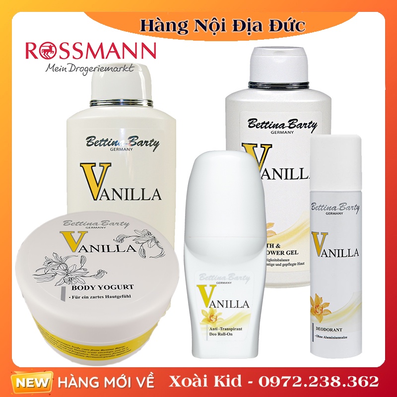 Bộ Sữa tắm, Lăn khử mùi, Dưỡng thể Vanilla Bettina Barty của Đức - Date mới nhất Đủ Bill