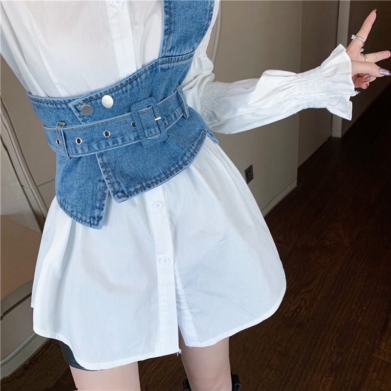 Áo sơ mi trắng nữ sơ mi tay phồng kèm belt jean MSDQ3