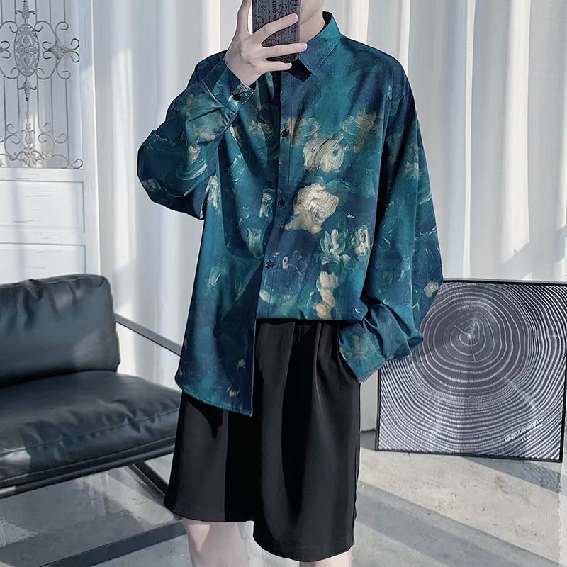 Korean style men's long-sleeved shirt with oil painting with personality design