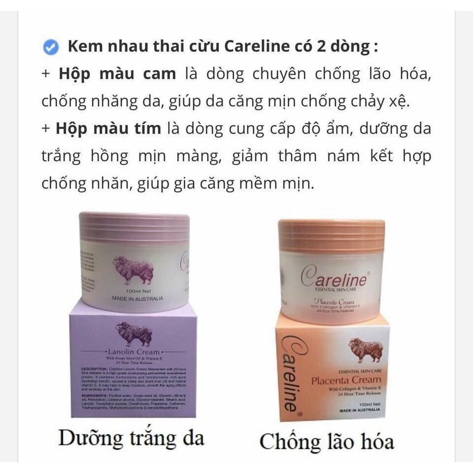 Kem dưỡng cừu Careline Úc màu Tím và Vàng Dưỡng Ẩm chiết xuất nhau thai giúp dưỡng ẩm và làm sáng da